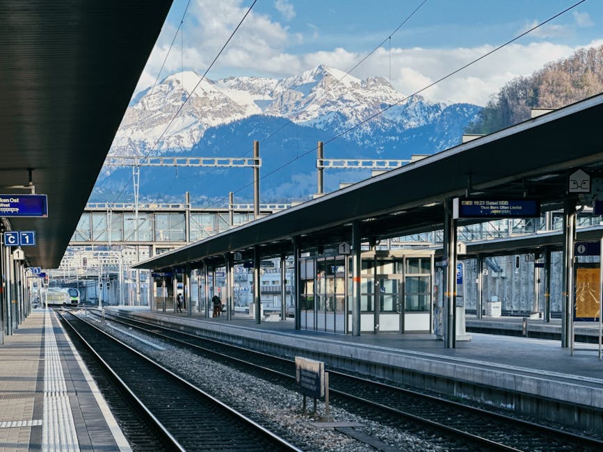 Swiss train station with Alps backdrop
