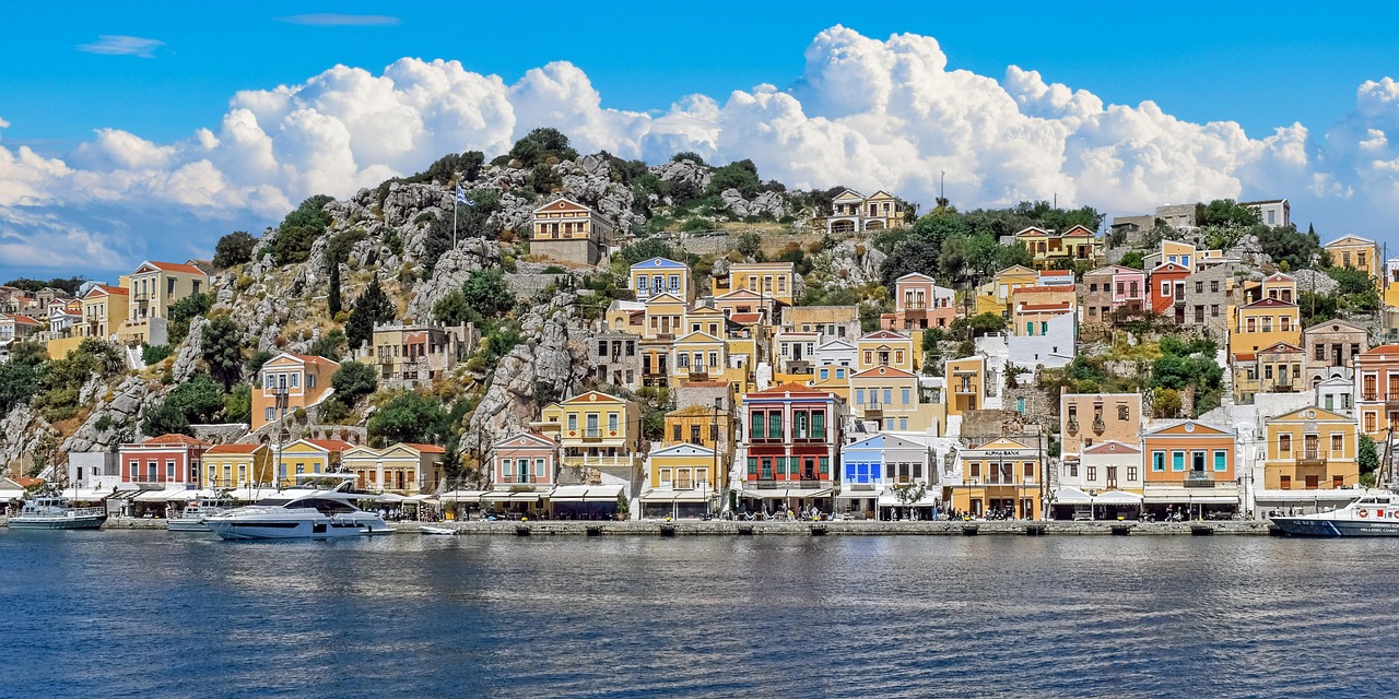 Aerial view of Symi town in the Dodecanese Greece