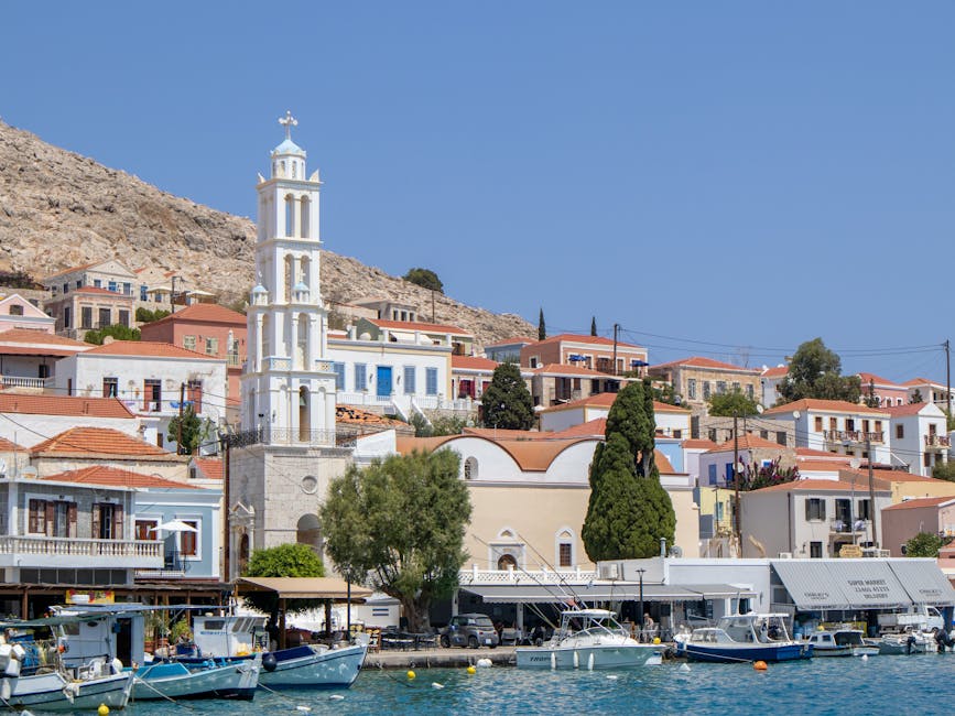 Symi harbor colorful buildings