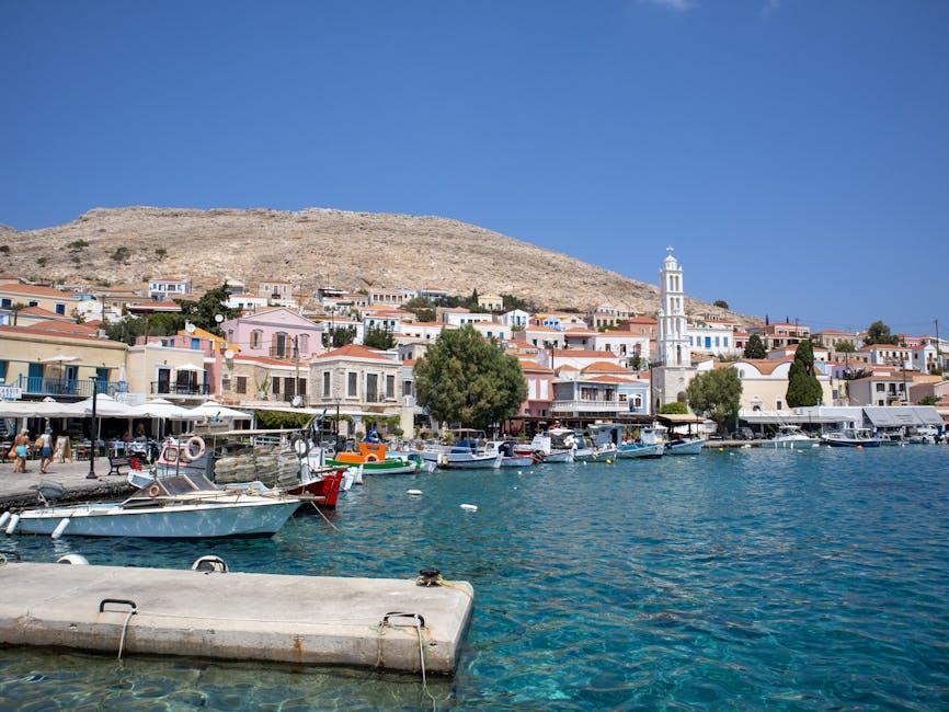 Greek harbor town Symi colorful boats