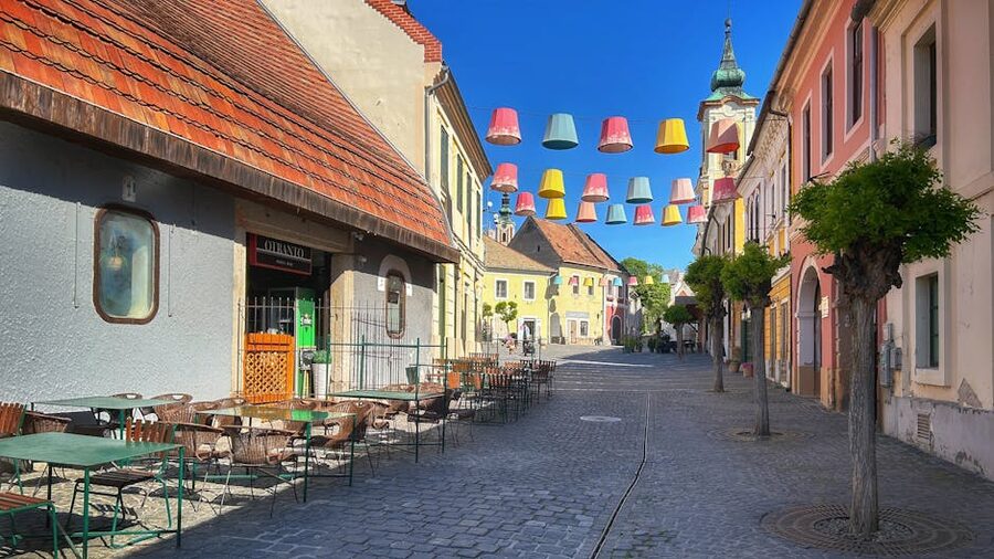 Charming street in Szentendre with hanging decorations