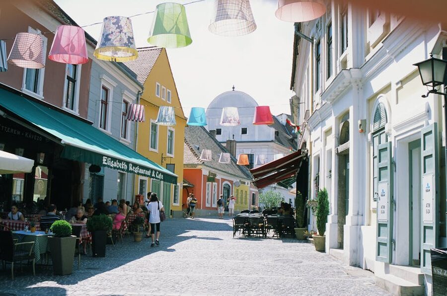 Cobblestone street in Szentendre with shops and cafes