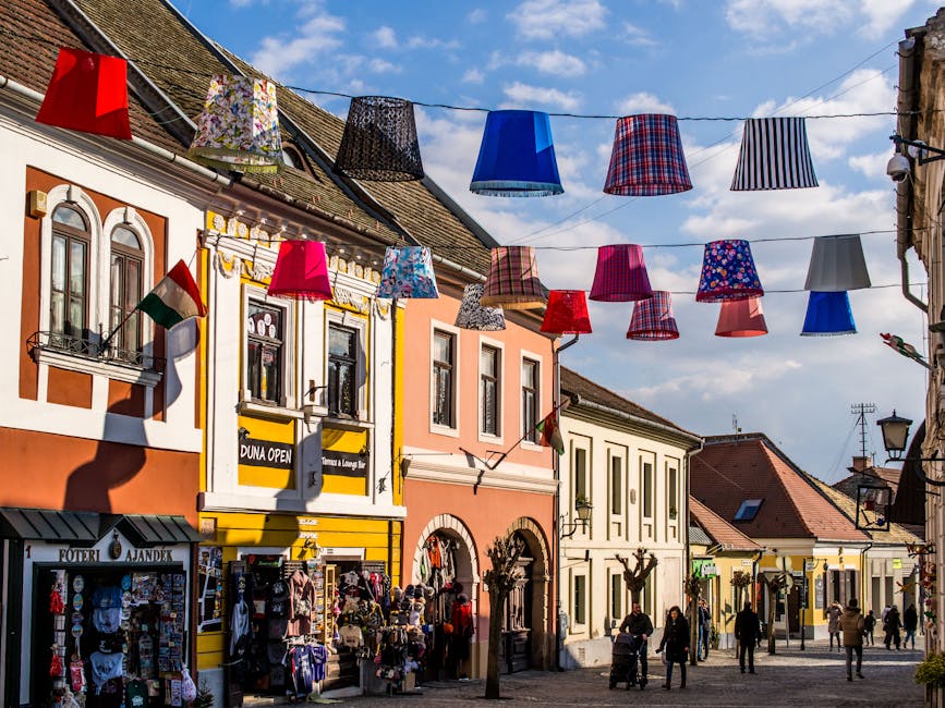 Street scene in Szentendre with hanging lampshades