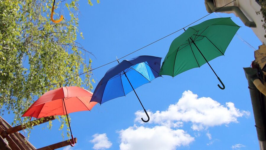 Colorful umbrellas hanging over a street in Szentendre