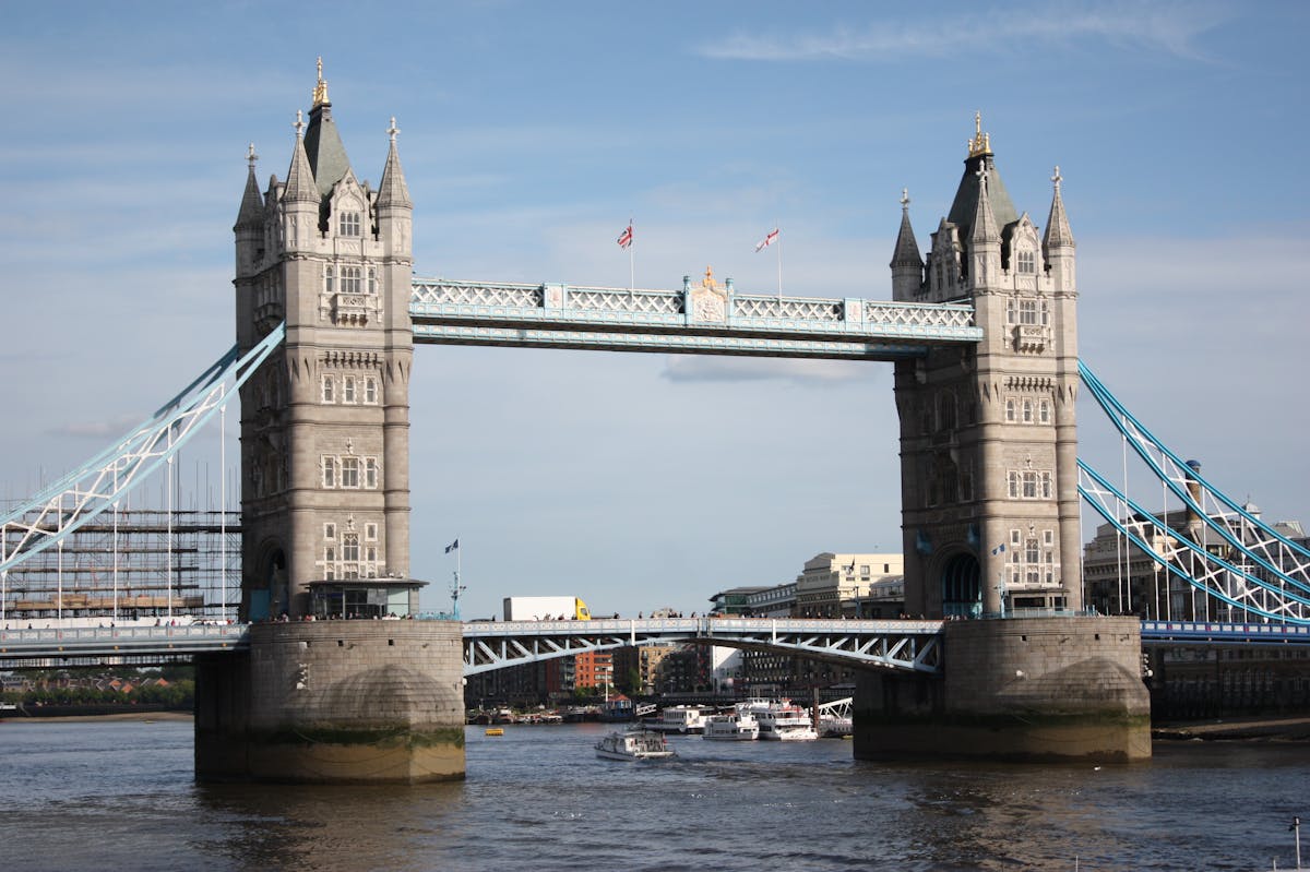 Tower Bridge from below showing its Gothic towers