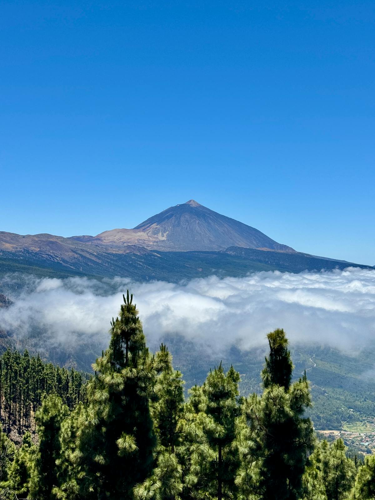 Mount Teide rising above green vegetation and clouds in Tenerife Canary Islands