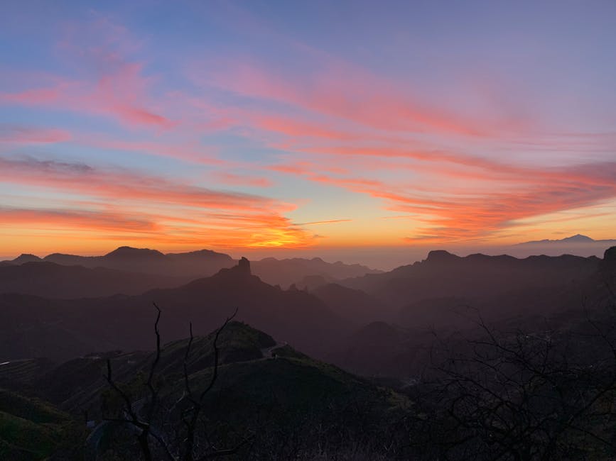 Dramatic sunset over the mountain peaks near Tejeda in Gran Canaria