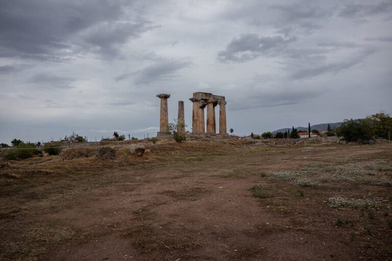 Stone columns of the Temple of Apollo at the Ancient Corinth archaeological site in Greece