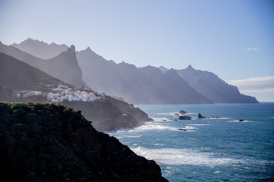 Almaciga village with rugged mountains and Atlantic Ocean in Tenerife