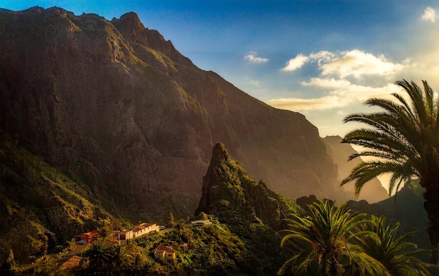 Masca Valley in Tenerife at sunset with green mountains