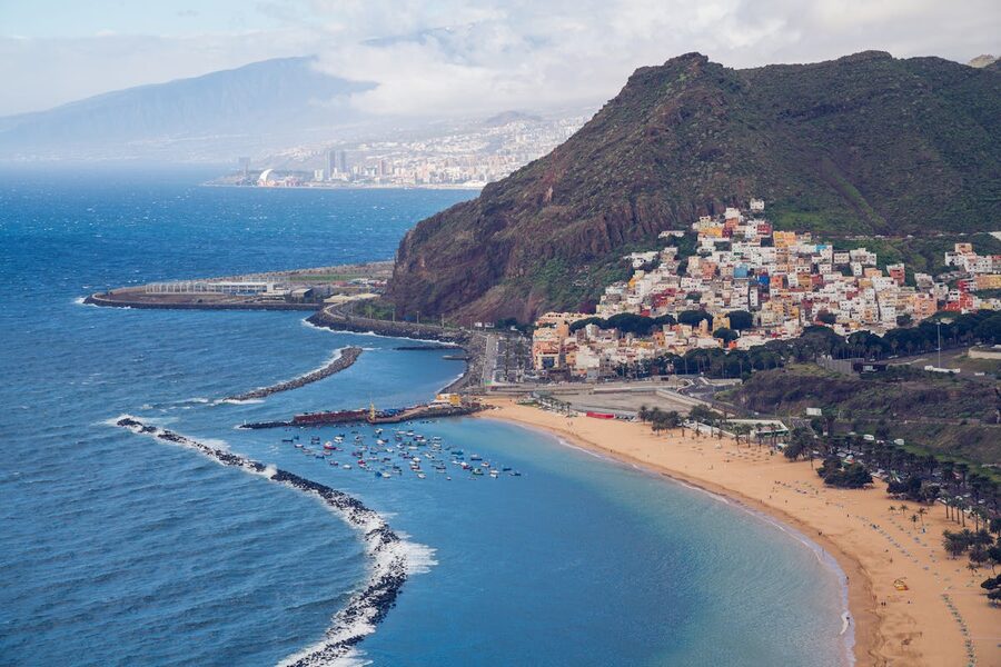 Aerial view of Playa de las Teresitas with mountains and ocean in Tenerife