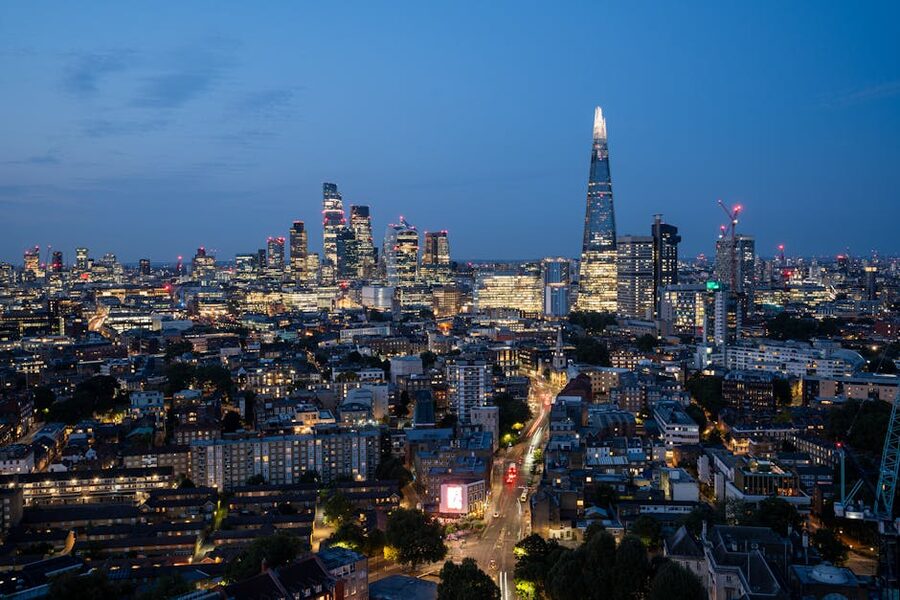 London aerial skyline at night with Shard