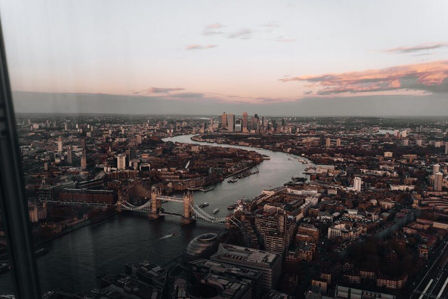 London Tower Bridge aerial with Shard view