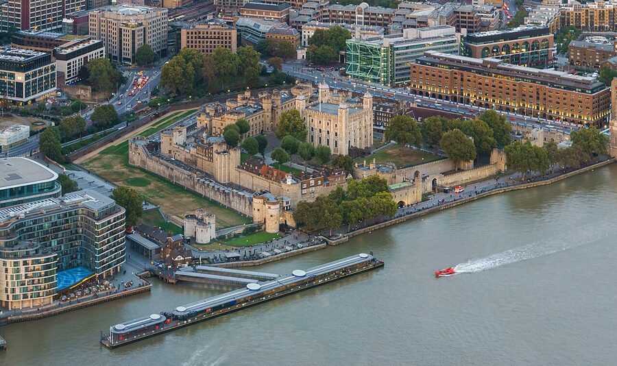 Tower of London from Shard London Bridge evening
