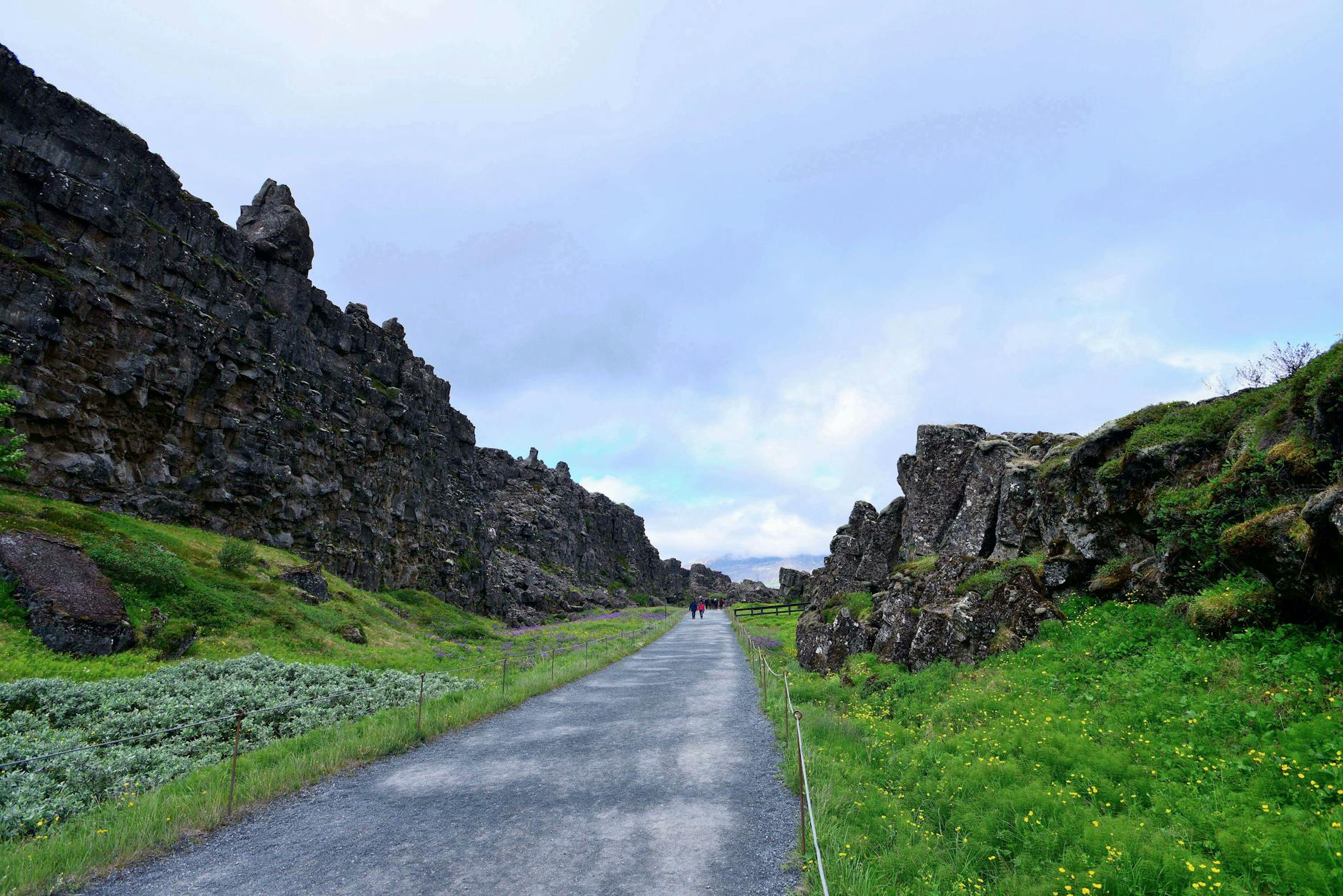 Dramatic rocky cliff pathway at Thingvellir National Park in Iceland
