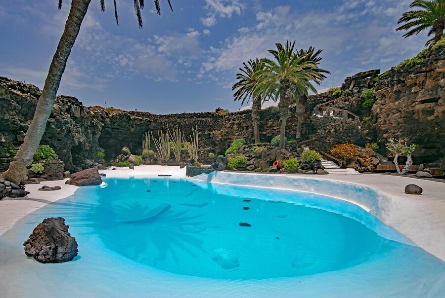 Underground pool inside Jameos del Agua volcanic cave in Lanzarote