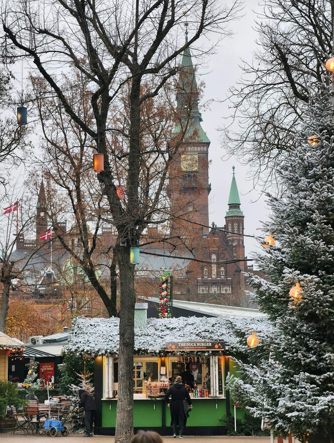 Tivoli Gardens Copenhagen illuminated at night with colorful lights