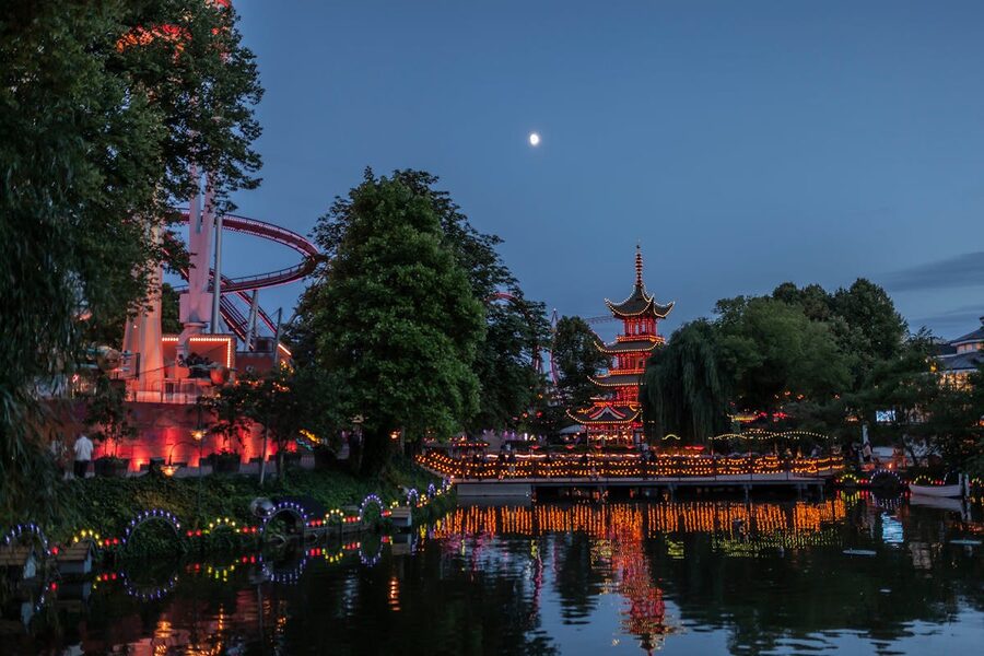 Rides and attractions at Tivoli Gardens amusement park Copenhagen