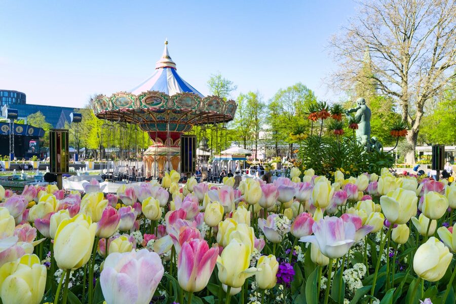 Spring scene at Tivoli Gardens Copenhagen with blooming tulips and carousel