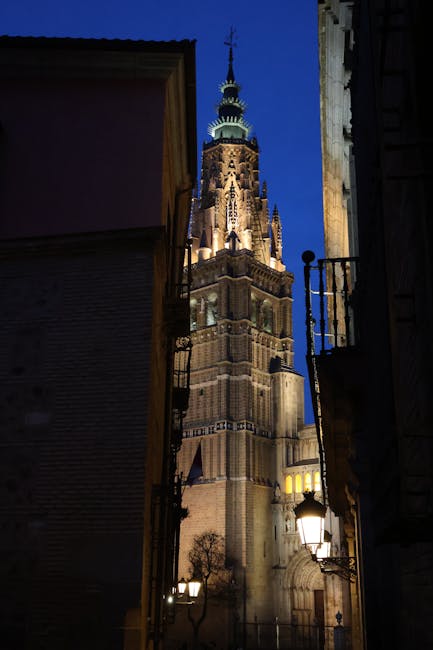 The massive Toledo Cathedral towering over the surrounding rooftops