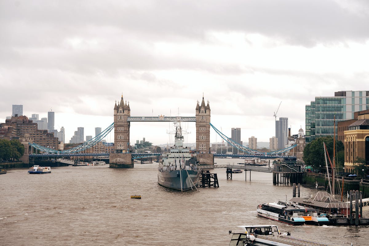 Tower Bridge and the Thames under dramatic grey skies