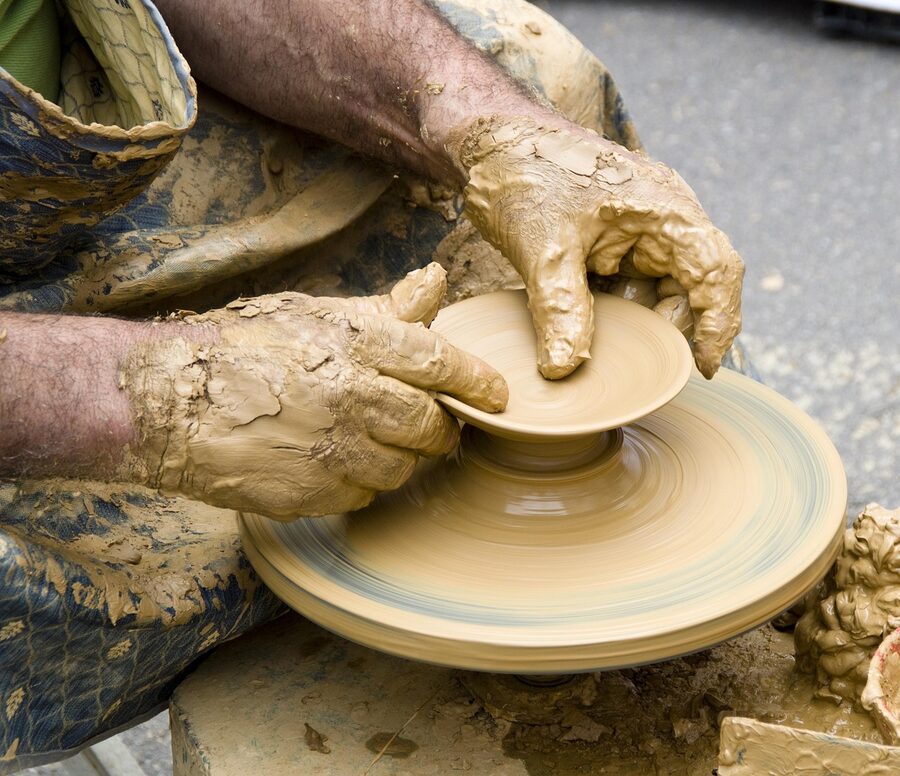 Traditional handmade ceramic earthenware pottery on display