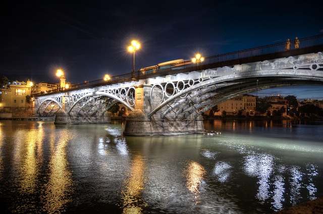 Triana Bridge lit up at night over the Guadalquivir River in Seville