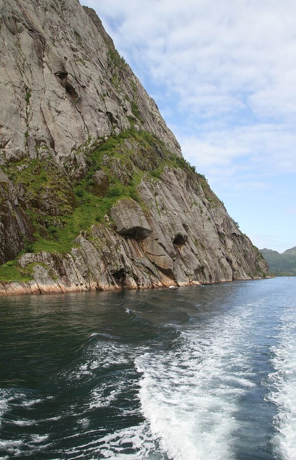 Detailed view of Trollfjord cliff face with rock textures