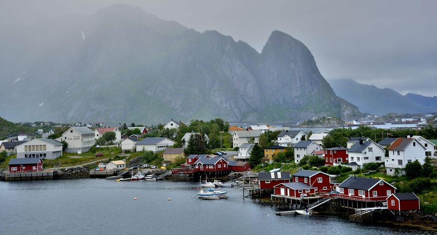 Lofoten fishing village with traditional red rorbu cabins