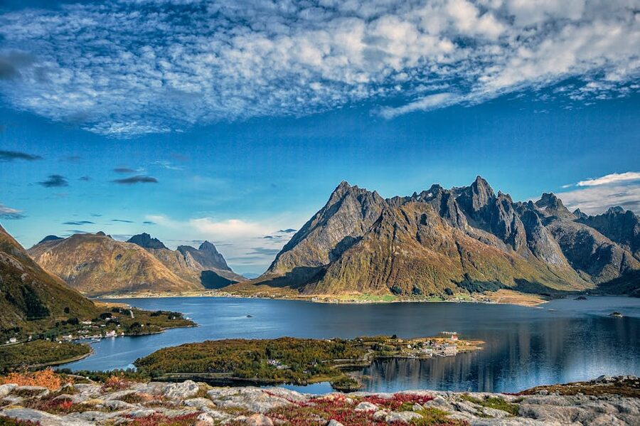 Lofoten fjord view with mountains and water