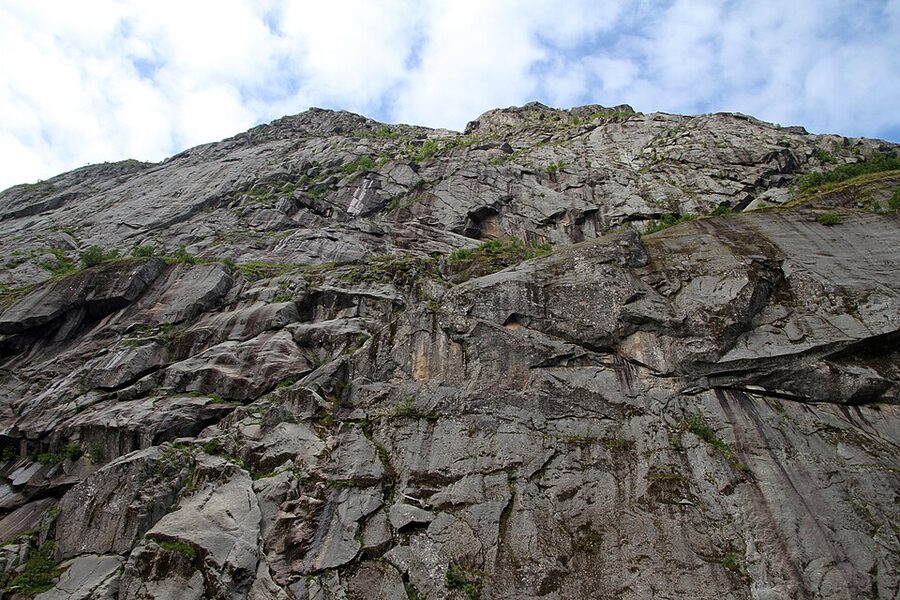Sheer rock face inside Trollfjord with vegetation clinging to ledges