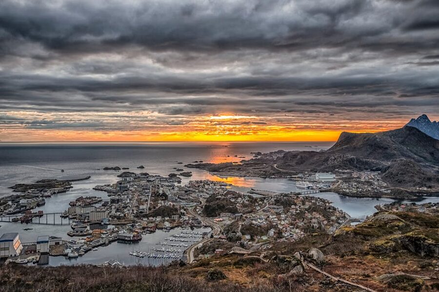 Aerial view of Svolvær at sunset, Lofoten Islands