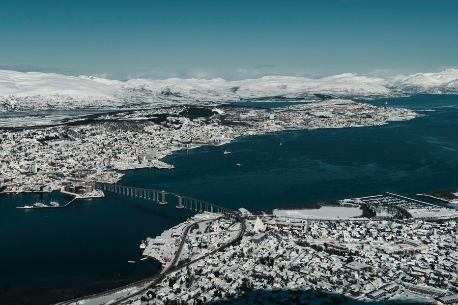Aerial view of snowy Tromsø in winter