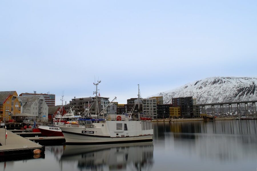Tromso harbor at dawn before fishing cruise departure