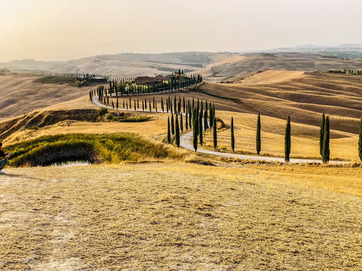 A narrow winding road cutting through green Tuscan countryside with cypress trees