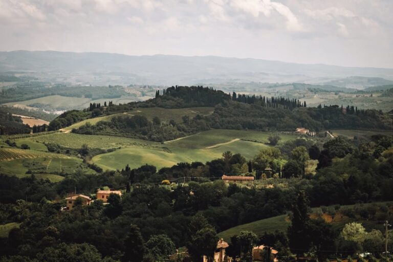 Rolling green hills of Tuscany covered in morning mist with scattered farmhouses