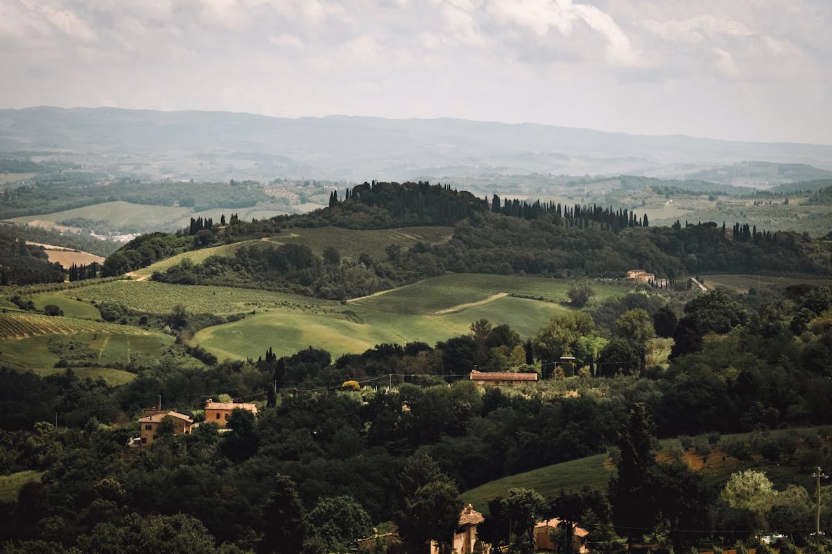 Rolling green hills of Tuscany covered in morning mist with scattered farmhouses