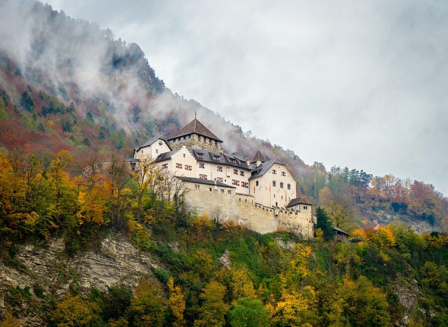 Vaduz Castle fortress in fog and forest