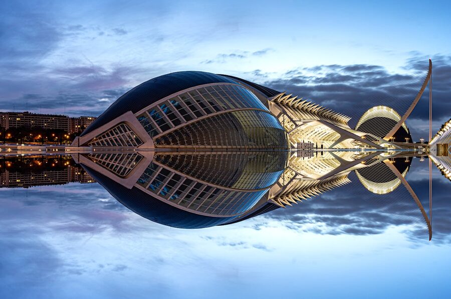 Valencia City of Arts and Sciences reflected in water at twilight