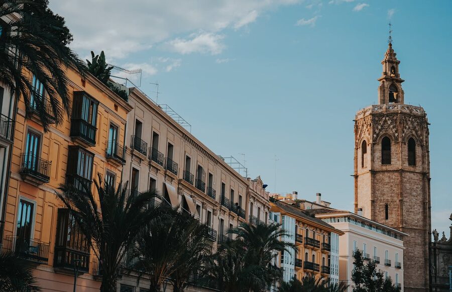 Miguelete Tower rising above Valencia old town rooftops
