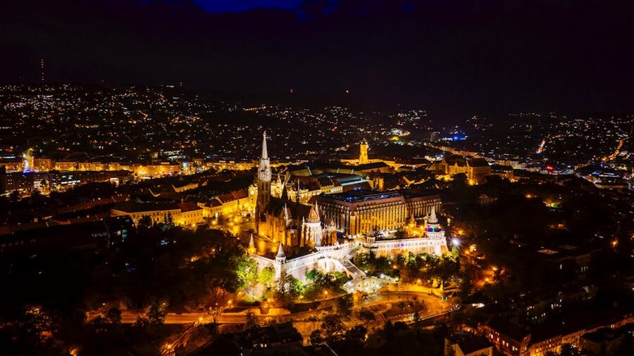Aerial night view of Matthias Church and Fishermans Bastion Budapest