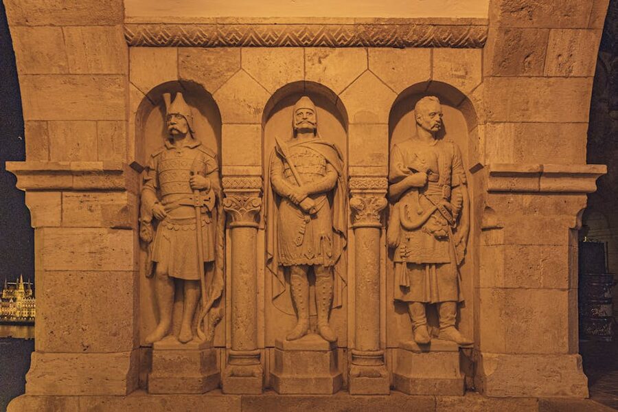 Carved warrior statues at Fishermans Bastion in Budapest
