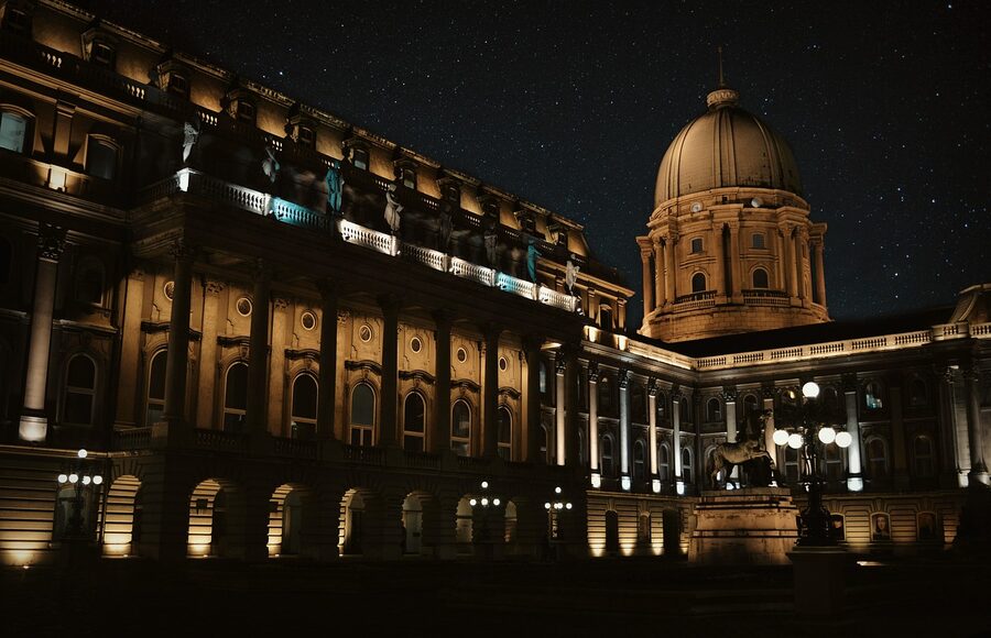 Buda Castle against a dark night sky in Budapest