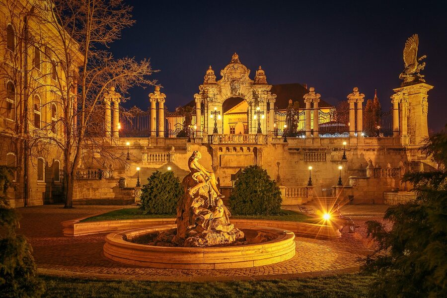 Turul statue at Buda Castle illuminated at night
