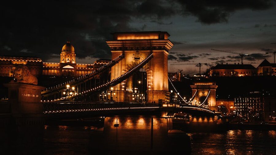 Szechenyi Chain Bridge illuminated at night Budapest