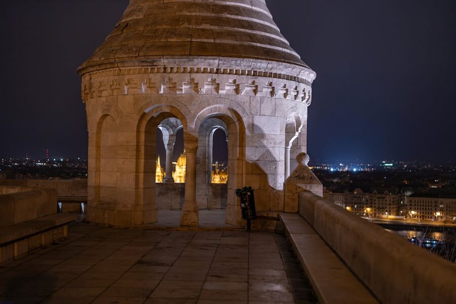 Fishermans Bastion overlooking Budapest at night