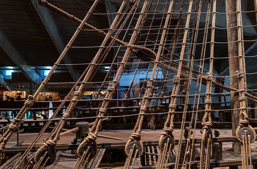 Original shrouds and rigging on the Vasa ship in Stockholm