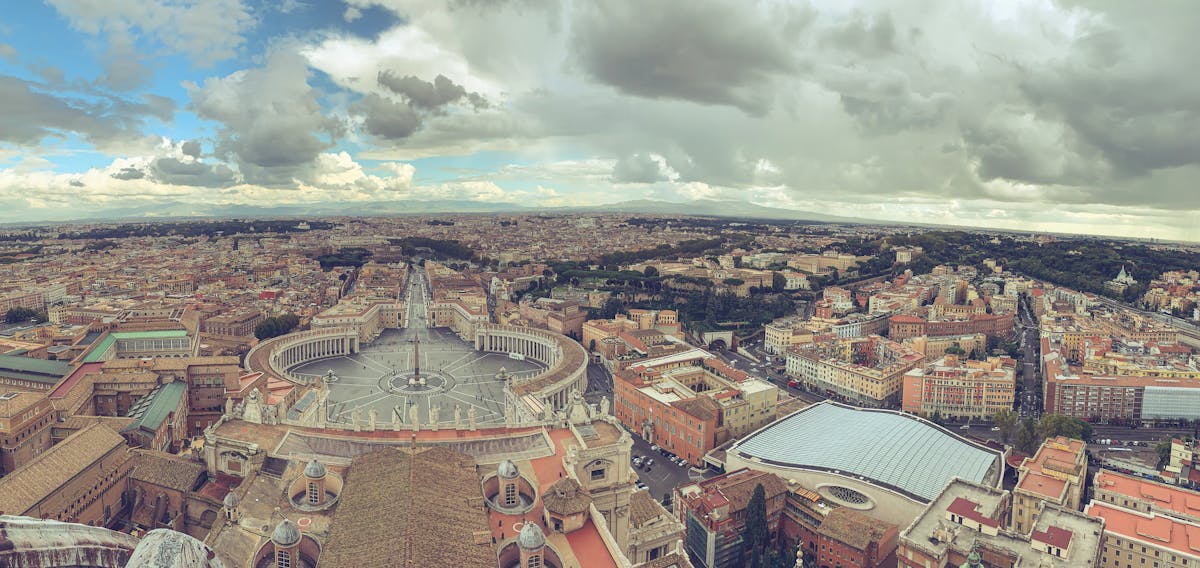 Panoramic aerial view of Vatican City showing St. Peters Square and the basilica from above