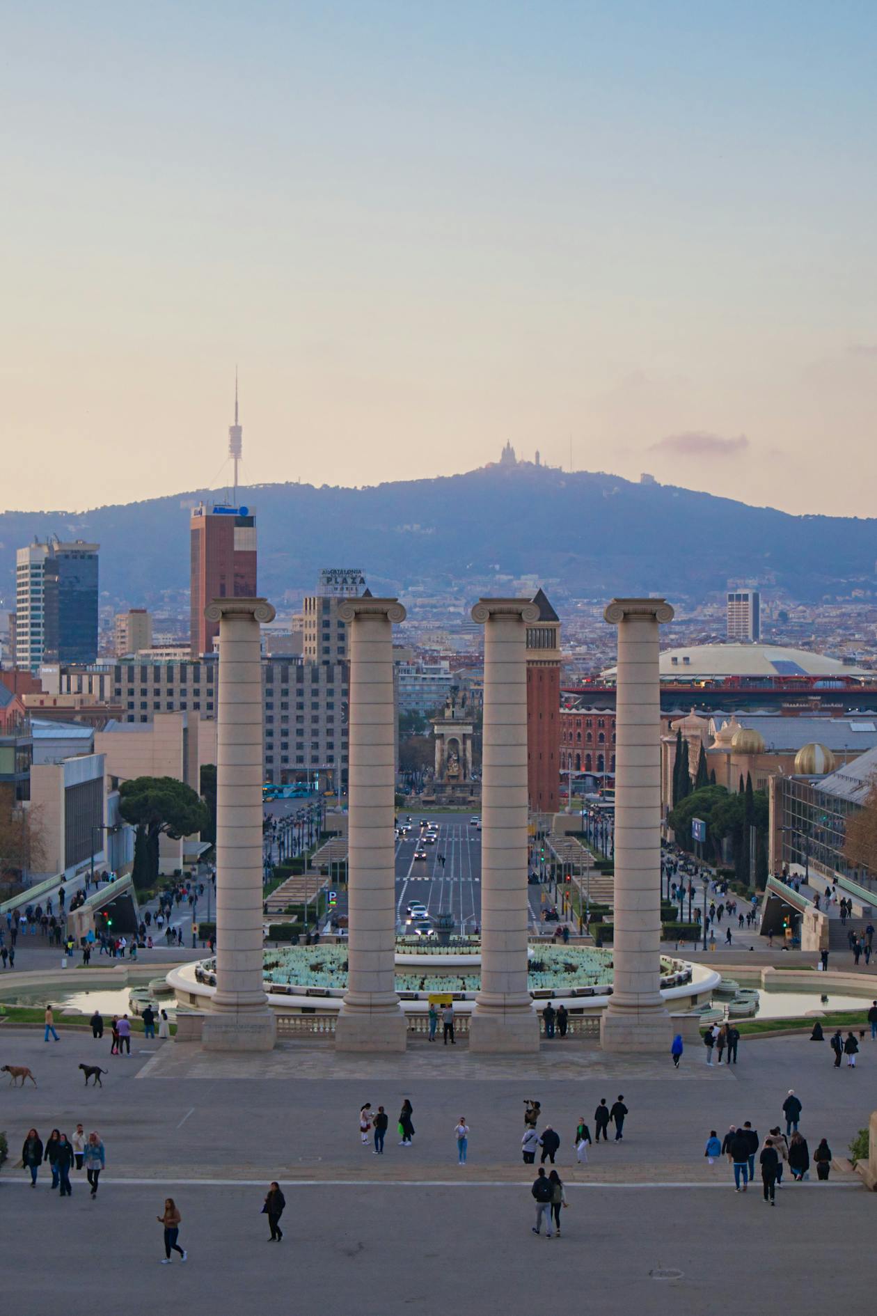 Venetian Towers with Montjuic Mountain rising behind them in Barcelona
