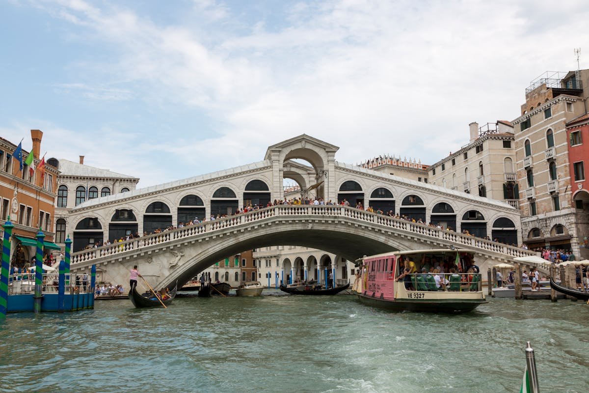 The Rialto Bridge spanning the Grand Canal in Venice